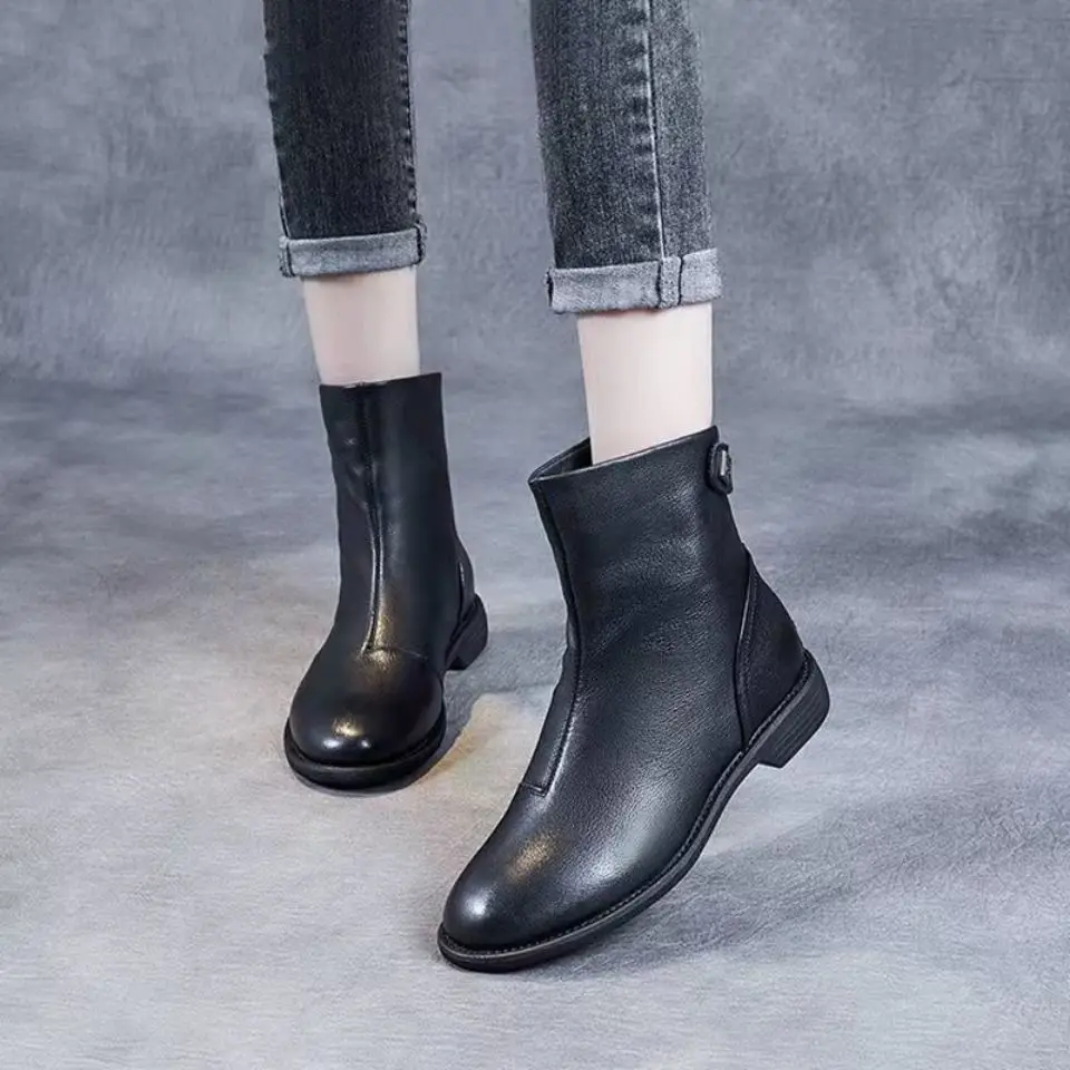 Black Leather Round Toe Elegant with Low Heels Woman Short Shoes Autumn Winter Warm Ankle Boots for Women Trend 2025 Pu Booties