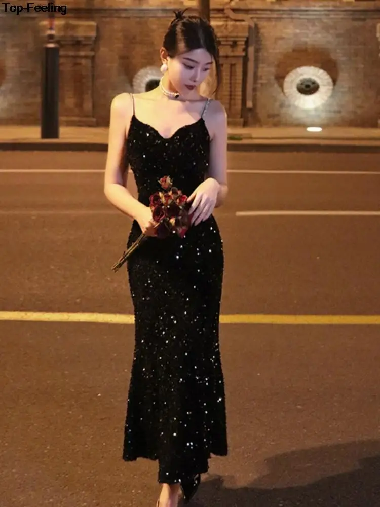 

Элегантное платье с блестками для ночного клуба для женщин, пикантное летнее платье на бретелях-спагетти с открытой спиной, винтажное однотонное облегающее платье миди, весна-лето