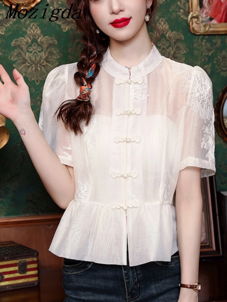 

Summer New Chinese Style Embroidered Button Women Shirt Blouse With Short Chiffon Ruffled Lace Shirts Short Sleeved Ladies Tops