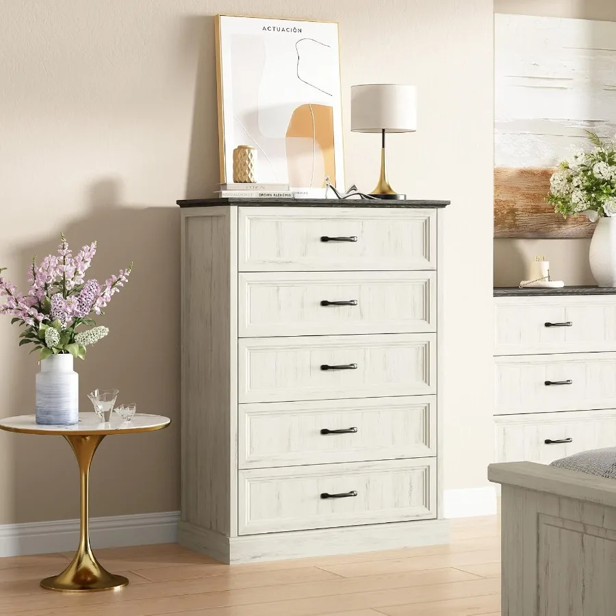 خزانة ذات 5 أدراج لغرفة النوم مزرعة 44 خزانة بيضاء طويلة ذات أدراج خشبية ريفية مع مقبض معدني عريض نسيج تورال