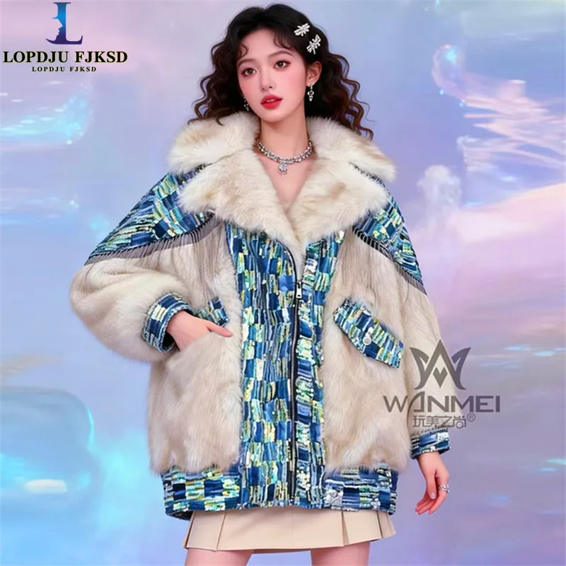2026 Mode Musim Dingin Mantel Baru Gaya Eropa untuk Wanita, Jaket Bulu Mink, Kerah Lipat, Mantel Berumbai dan Berpayet