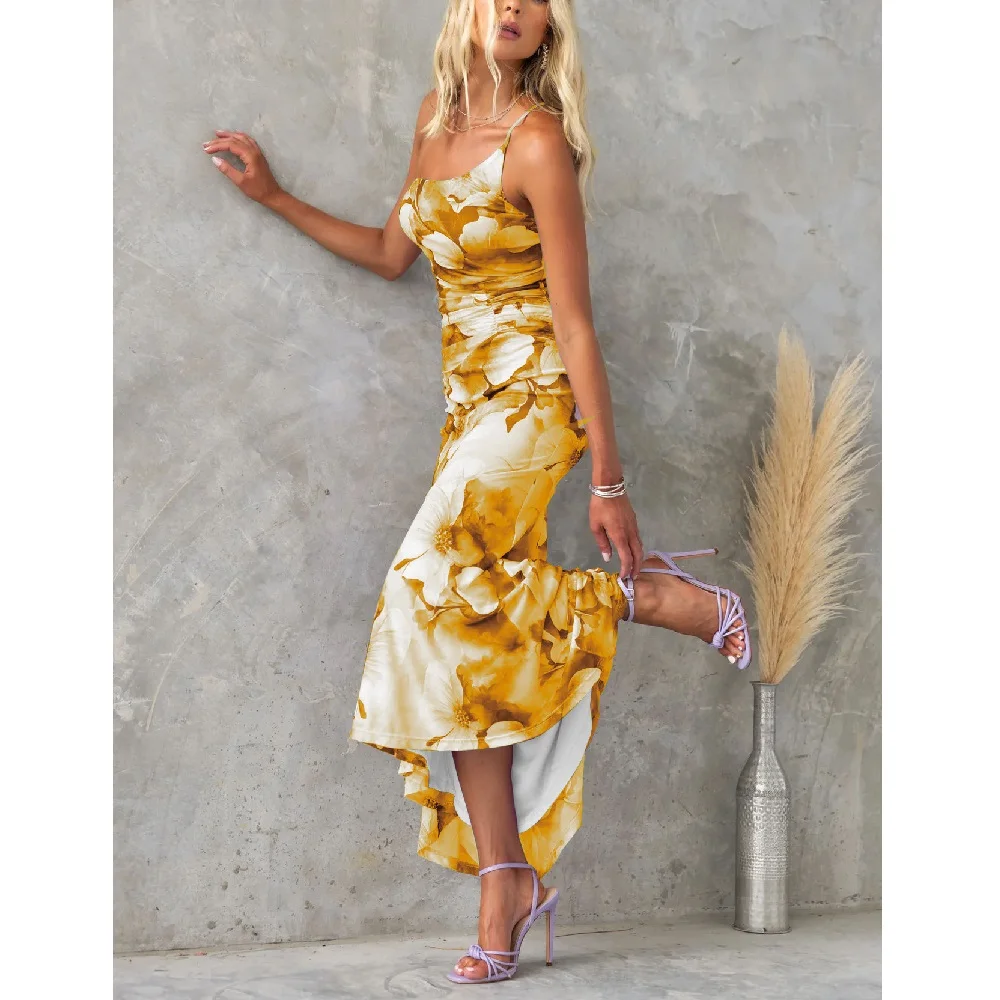 Vestidos largos de verano con cuello oblicuo para mujer, vestido largo de fiesta ajustado plisado con dobladillo con volantes y estampado Floral a la moda para mujer