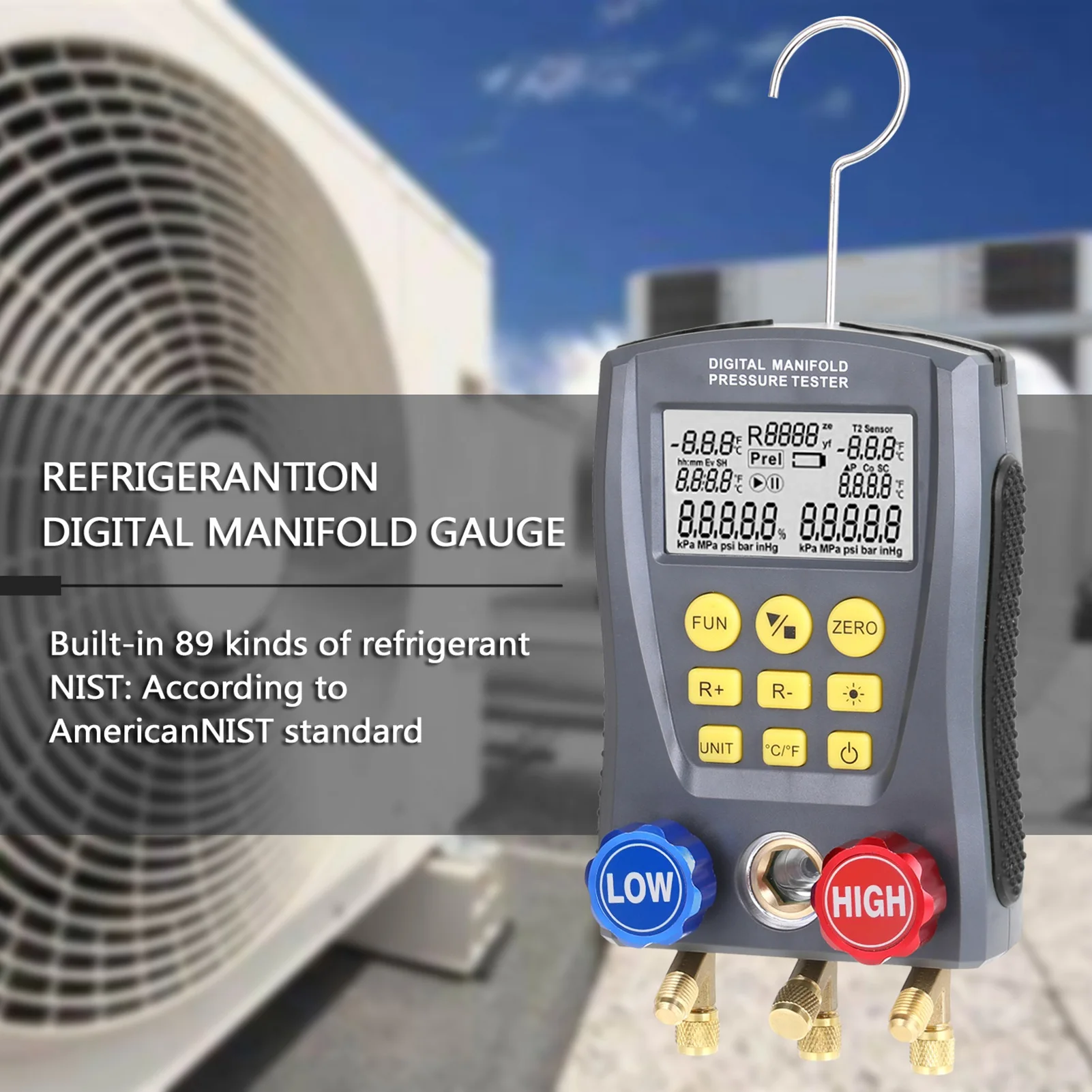 Refrigeration Digital Manifold Gauge 600 to 3000 Tube Pressure Vacuum Pressure Temperature Tester Kit for Meter Heating