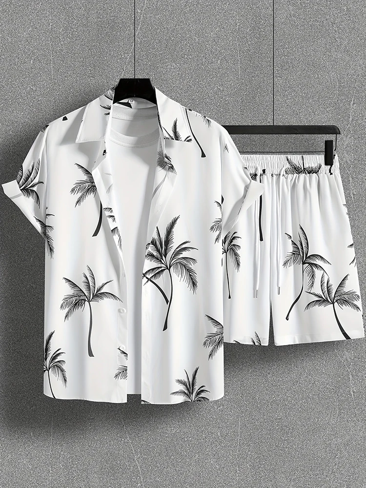 Vacation Casual Short-sleeved Shirt And Shorts Set Summer Men\'s White Shirt Set Palm Print Hawaiian Style Shirt Beach Pants Set