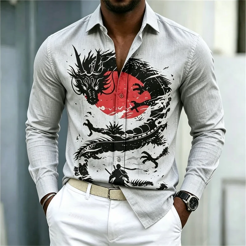 2026 New Men's Shirt White Black Red Contrast Dragon Pattern Shirt Street Style Fashion Casual Business Long Sleeve Men's Wear view 5