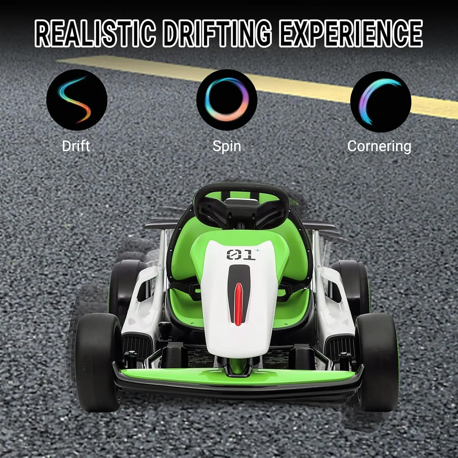 Go Kart, coche eléctrico Drift Kart con asiento ajustable, juguete para paseo al aire libre de 24 V y 7 Ah, motor de 2 * 200 W, 8,1 MPH, luces LED, Toy Rac