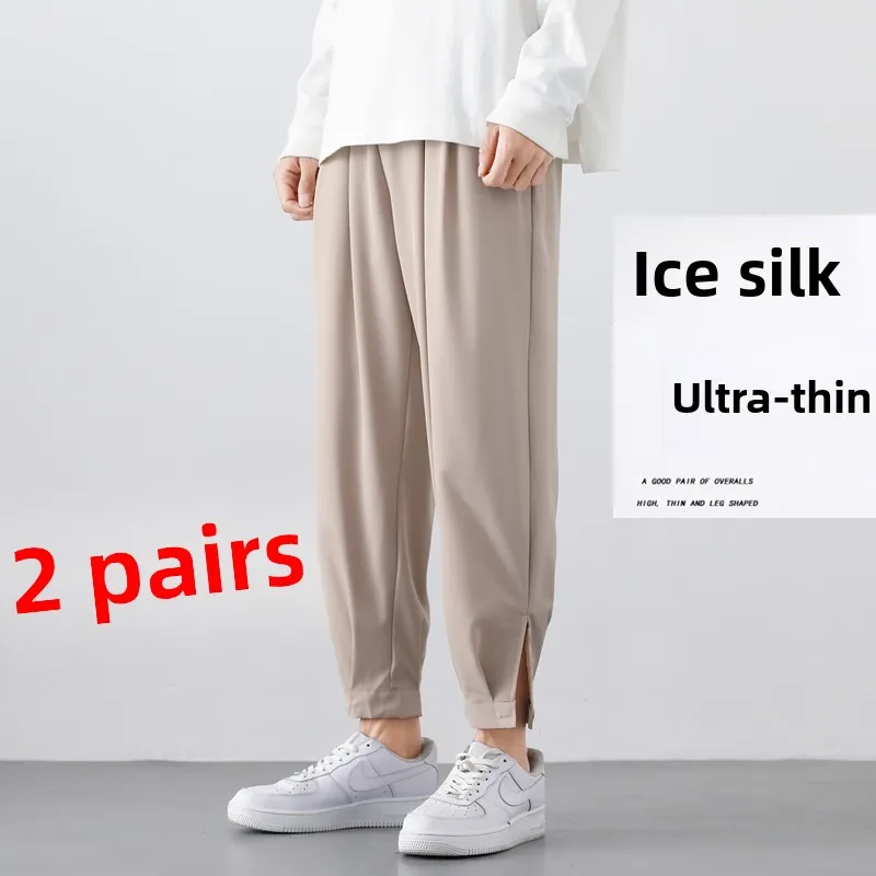 

Мужские летние повседневные брюки Slim Fit однотонного цвета, свободные, с манжетами, тонкие, в корейском стиле, молодежные, энергичные, укороченные (9/10 длины), из полиэфирного волокна