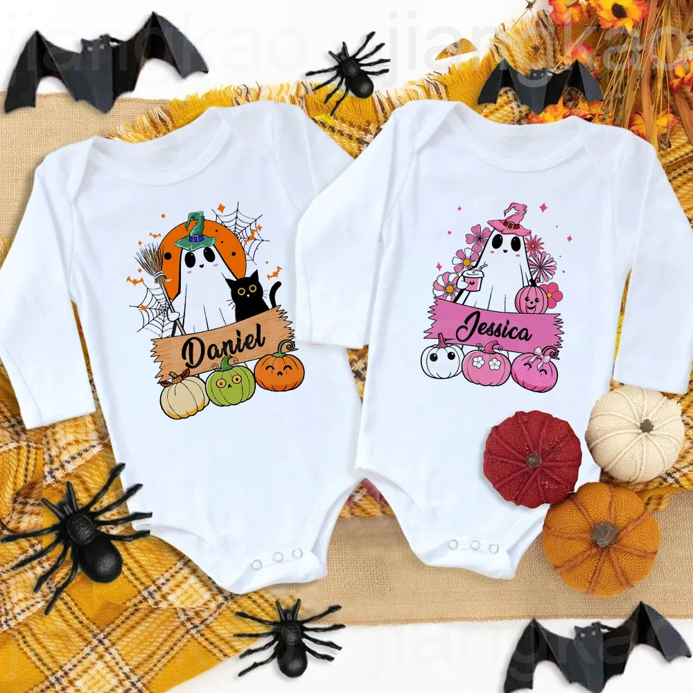 Personalized Baby 1st Halloween Romper Custom Name Newborn Holiday Outfit Halloween Party Jumpsuit Ghost Printed Infant Bodysuit