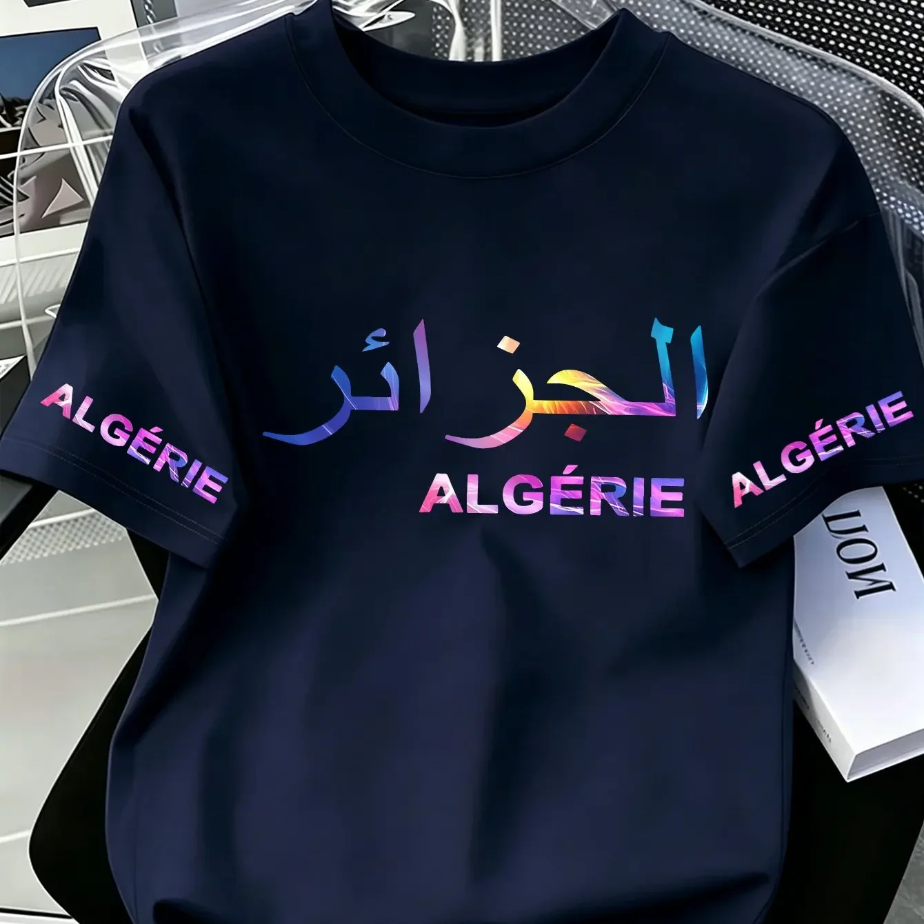 Men's 100% Cotton Algerian Arabic Script T-Shirt Summer Casual Short-Sleeve T-Shirt with National Pride Breathable Streetwear