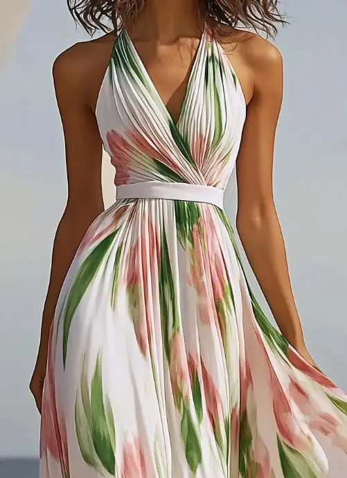 Robe d'été romantique et Sexy pour bord de mer, tempérament de vacances, imprimé, col en v, dos nu, taille haute, robe trapèze élégante, nouvelle collection