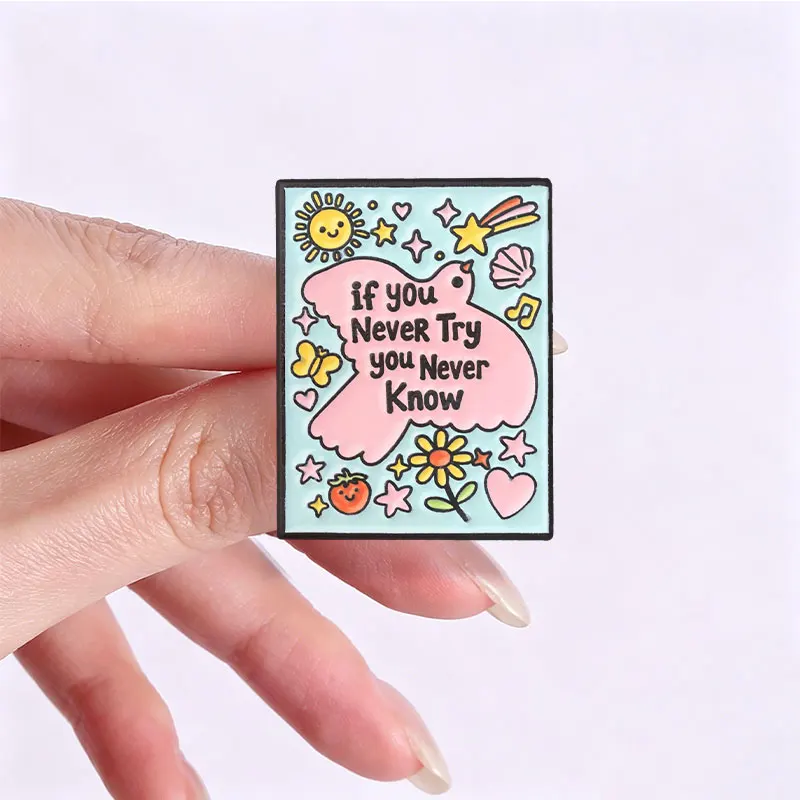 Inspirierendes Zitat Emaille-Abzeichen-Set „Ich werde alles“ Rosa Vogel Blume Metall-Brosche Revers-Accessoire Geschenk für Studenten – Detail 7