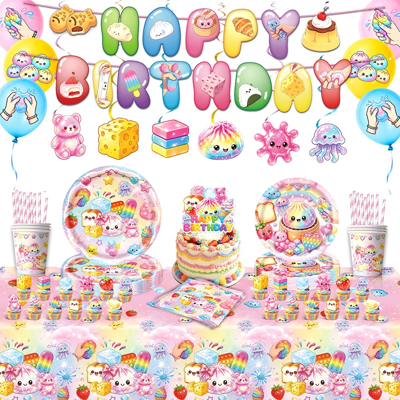 Neues Weiches Teigtaschen-Squishy Geburtstagsparty-Besteckset, Teller, Tasse, Ballon, Tortendekoration, Tischdecke, Babyparty-Geschenke