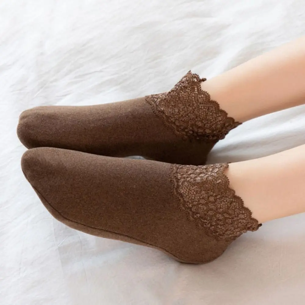 10Pairs Soft Solid Color Winter Floor Shoes Non-slip Thicken Lace Socks Indoor Female Warm Socks Home