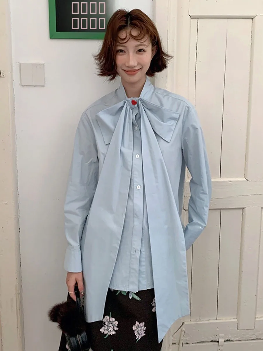 

Синяя женская рубашка с бантом, свободного кроя, с длинным рукавом, молодежная, новинка 2025 года, в французском стиле, из смесового хлопка, повседневная