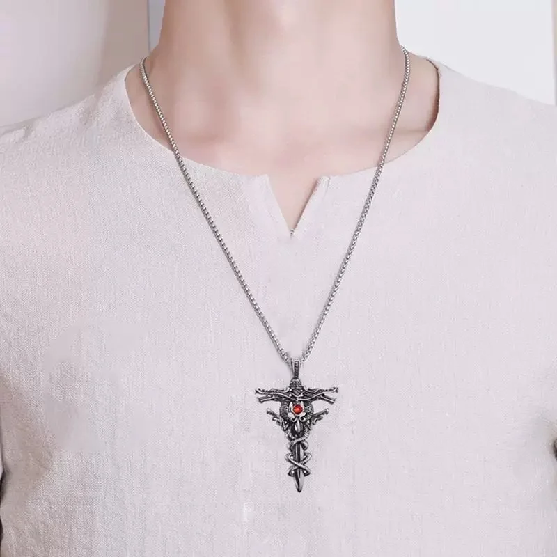 Punk Fashion Titanium Steel Necklace for Men Alloy Double Dragon Sword Pendant Choker Ring Vintage Evil Eye Cross Jewelry Gift image 4