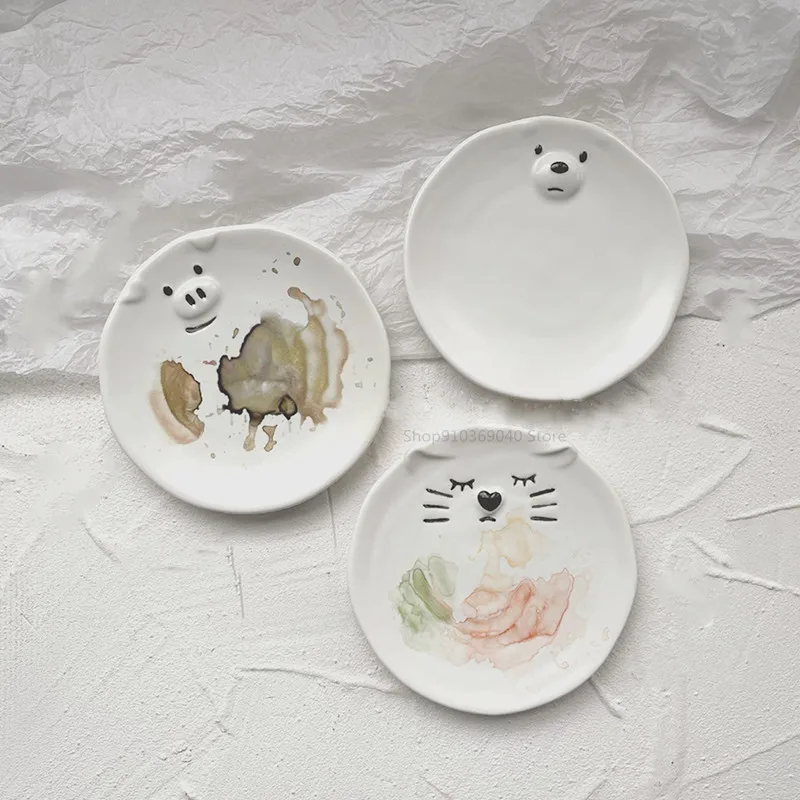Ceramic Palette Cute Ins Bear/cat/pig Plate Watercolor Palette Ceramic Mini Chinese Painting Gouache Art Tools Art Supplies