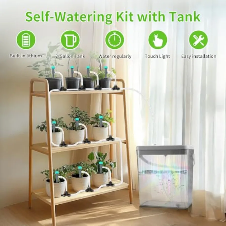 Indoor drip irrigation system for potted plants: 2-gallon tank white plastic touch night light + programmable timer self-wateri - view 3