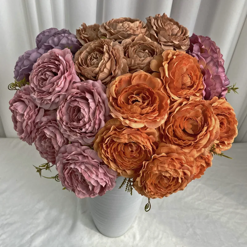 Silk Simulation Flowers Peony Bouquet Wedding Bride Floral Balcony Garden Decoration Fake Flower Orange White Peonys Artificial