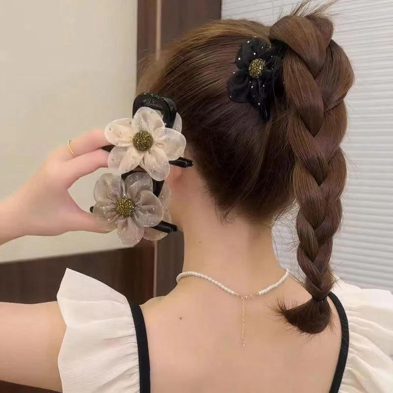 Mesh Rhinestone Flower Hair Claw Women Girls Chiffon Flower Shark Clip Sweet Cute Elegant Korean Fashion Crab Claw Style Hairpin