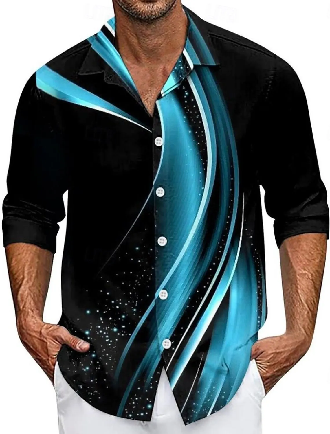 

Мужская рубашка с геометрическим градиентом и волнами, рубашка на пуговицах, повседневная классическая рубашка с длинным рукавом, повседневная уличная одежда, летняя мужская одежда