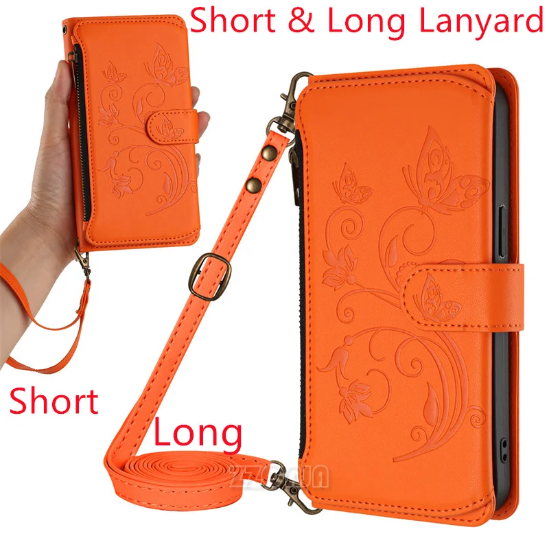 

Butterfly Flowers Zipper Wallet For iPhone 17 Air 16E 15 Plus 14 Pro Max Case Leather Stand Cards Slots Cover Short Long Lanyard