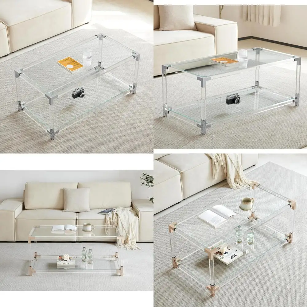 

Double Layer Glass Coffee Table by Saint Mossi, Clear Glass Top, Living Room Furniture, 41 Length x 21 Width x 16 Height