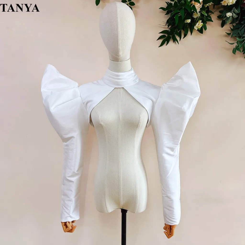 Taffeta Fashion Jacket With Bull Horn Shoulder Short Bolero Full Sleeves Shawl High Neck With Buttons Bridal Accessories