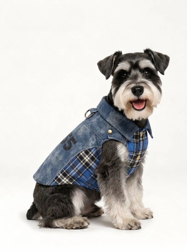 Denim Plaid Patchwork Dog Shirt with D‑ring Collar Vintage Pet Clothes Autumn Outfit for Small Medium Dogs Daily Wear Apparel