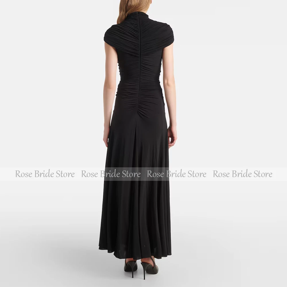 Maxi Evening Dress Black Spandex Tulle High Collar Cap Sleeves Mermaid Evening Gowns Ankle Length Pleated Women's Party Dresses image 2