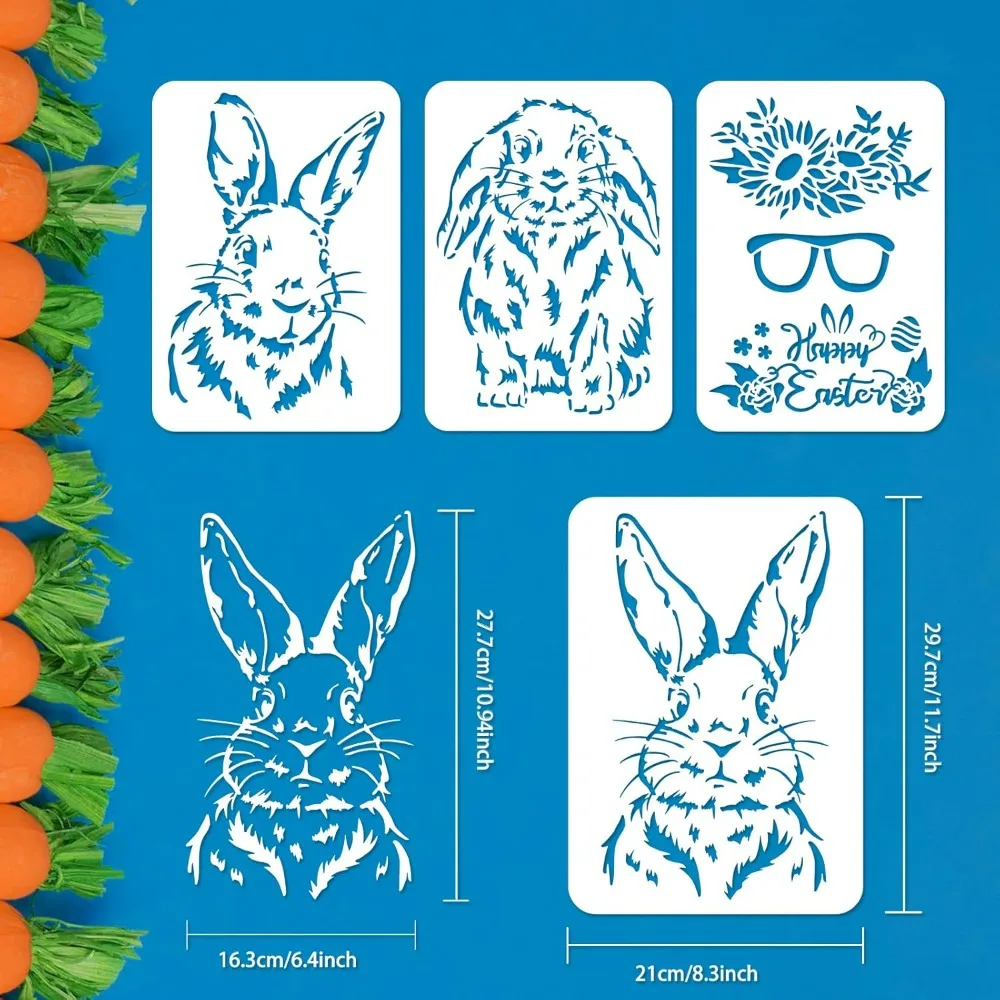 4PCS Rabbit Painting Stencils 11.7x8.3 inch Happy Easter Decoration Plastic Long-Eared Bunny Stencil Sunflower Leaves Glasses