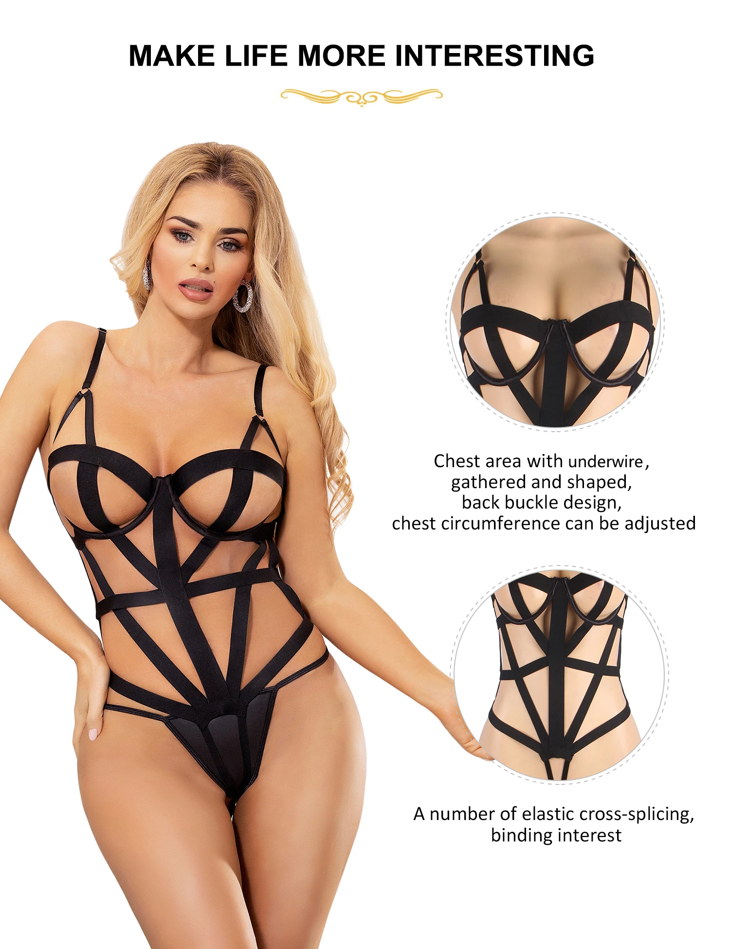 Comeondear Bodysuit Women Sexy Lingerie See Through Elastic Bondage Teddy Black Oversized Leotard Straps Hot Plus Size Bodysuit