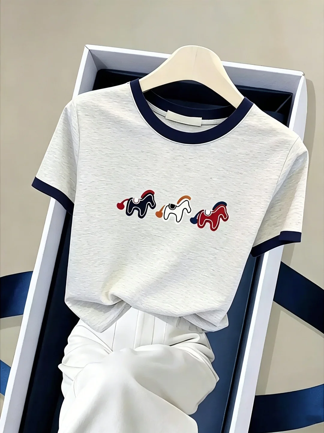 

Korean Style Commute Short Sleeve round Neck Color Collision Versatile Top Summer Fashionable Shirt Women's Standard Size T-s...