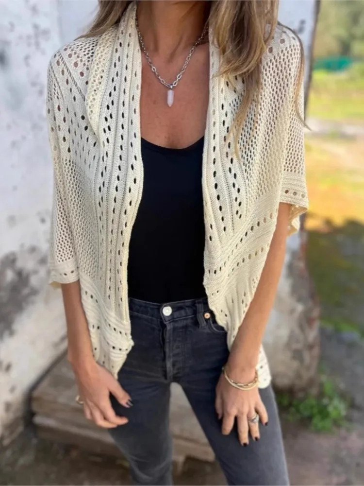 

Foreign Style Knitted Cardigan For Female Spring Autumn Coat Fashion Solid Sexy Hollowed-out Perspective Coats Ladies Clothing