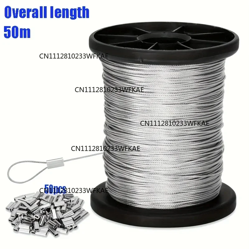50m/196ft Stainless Steel Wire Rope with 50 Aluminum Crimps, 7x7 Strand Core 304 Cable for Outdoor Hanging, Clotheslines, Garden