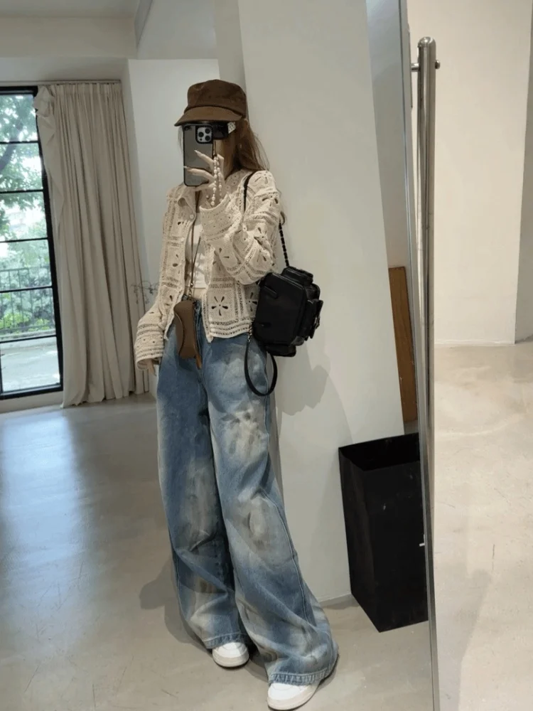 Koreański sweter na święta, ażurowy, dzianinowy, casualowy, dopasowany krój, odzież wierzchnia damska, uniwersalny top, sweter casualowy, długi rękaw