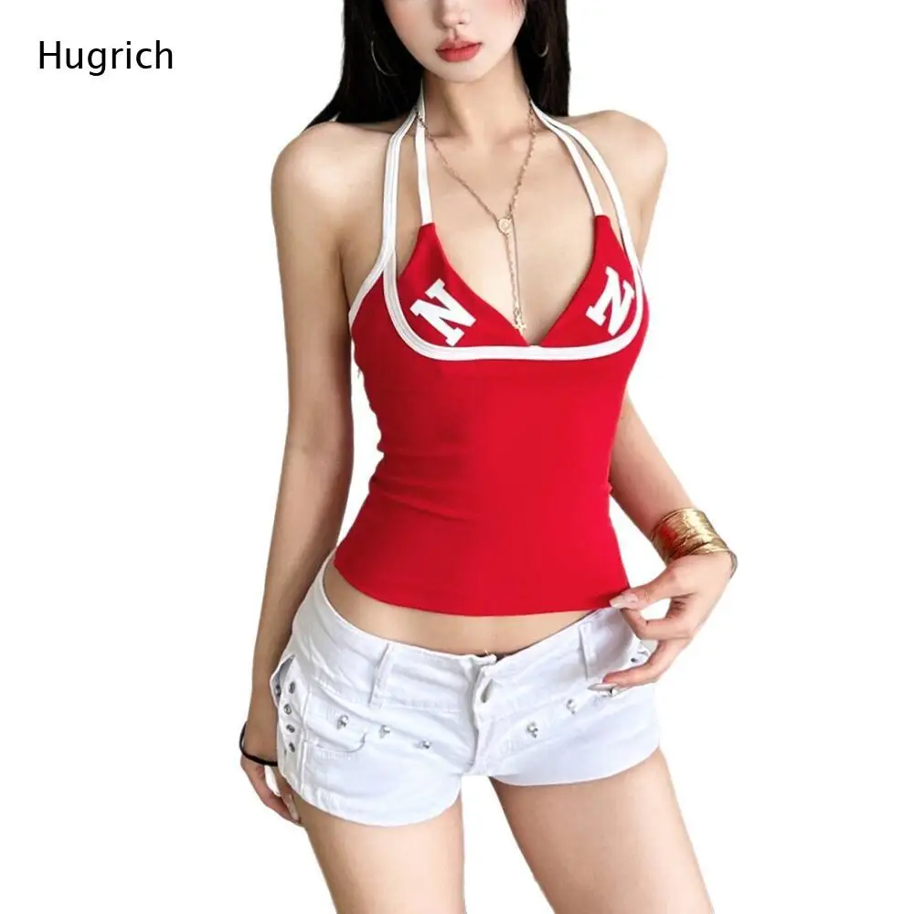 Red Halter Neck Tank Top for Women with White Letter Print Trim V Neck Double Strap Slim Fit Casual Style