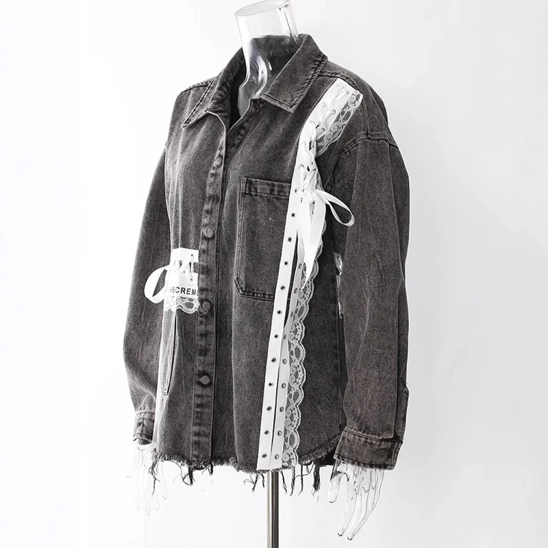 DEAT Fashion Ribbon Lace Splicing Edge Water Washed Denim Jacket Women's Lapel Loose Single Braested Jackets Spring 2025 New