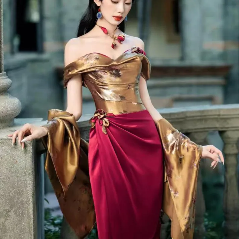 

New Chinese morning gown design sense small long one-line shoulder toasting dress