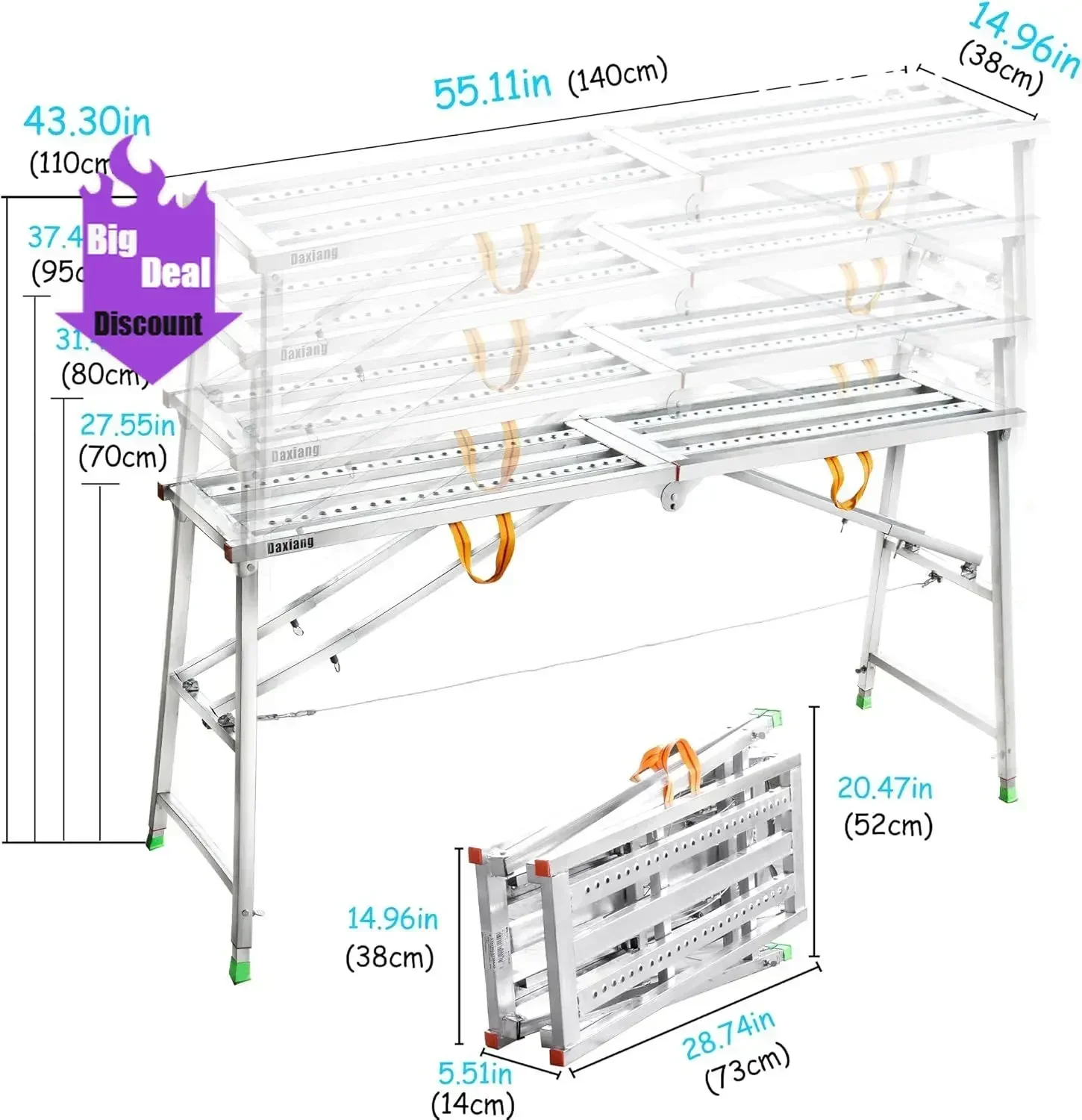 Hot salesBuilt to Last Portable Scaffolding Platform 55(L) x15(W) x27-43(H)'' Work Platform Adjustable Height Steel 600 LBS Load