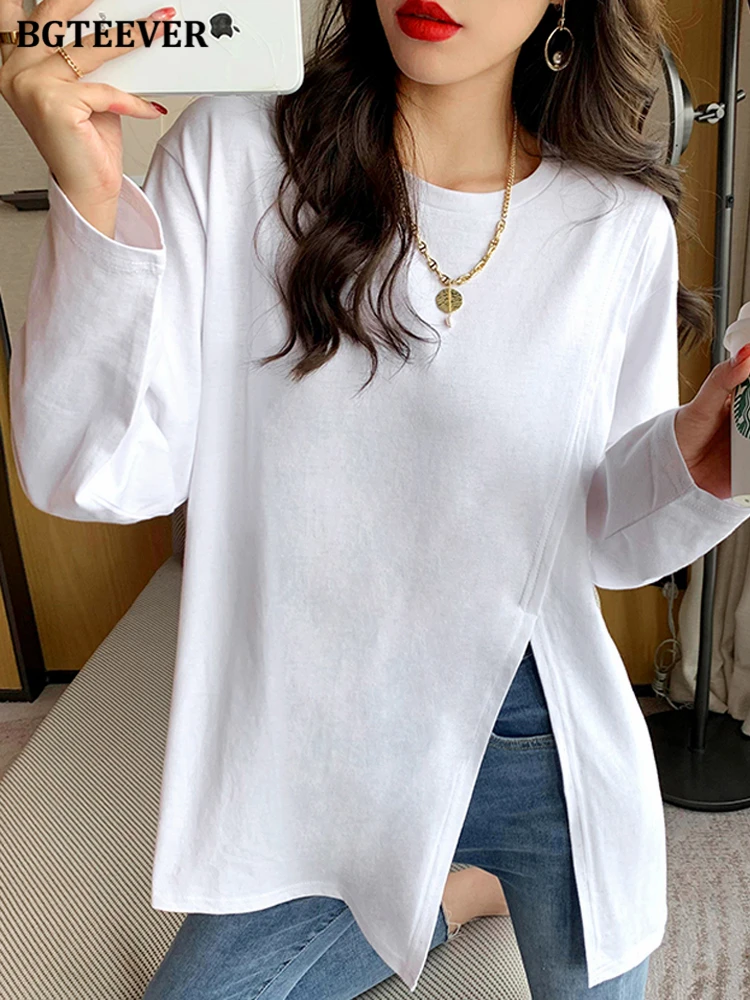 BGTEEVER Casual O-neck Loose Female T-shirts Spring Fashion Long Sleeve Side Split Women Cotton Tees Tops