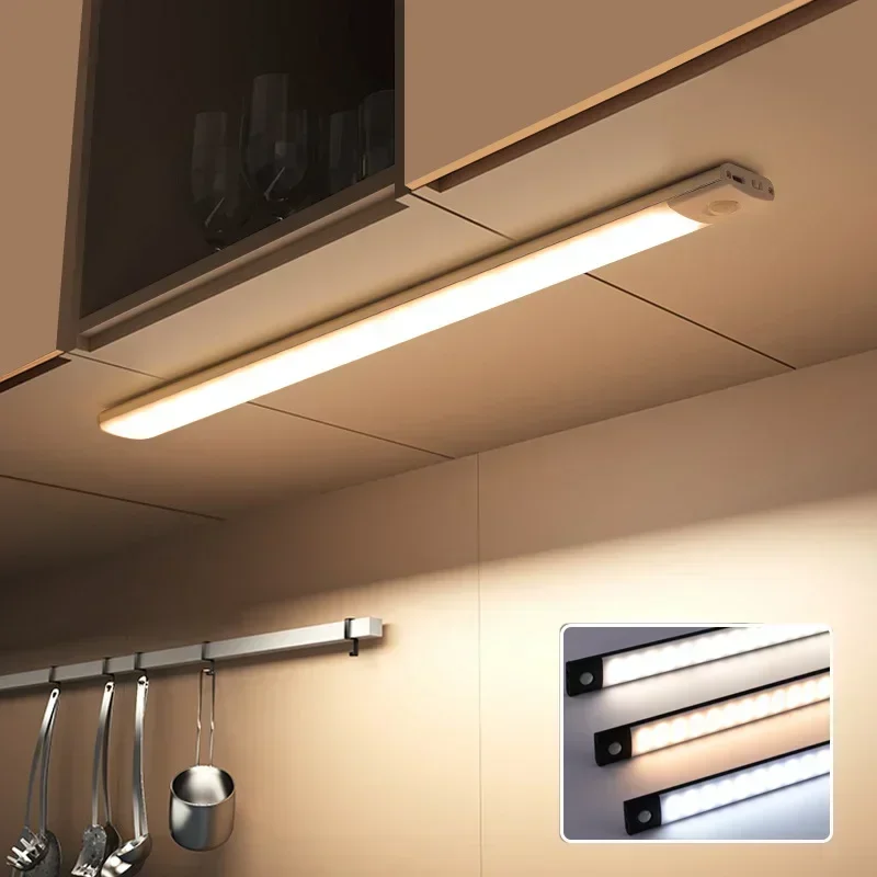 Luces LED con Sensor de movimiento para debajo del gabinete, lámpara nocturna delgada, recargable, inalámbrica, iluminación para armario de cocina, dormitorio y armario