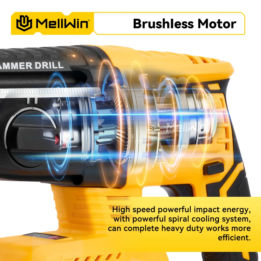 MELLWIN Electric Hammer Drill 3 in 1 Brushless Multifunction Impact Hammer for Steel Concrete Wood for Makita 18V Battery Pin - Image 4