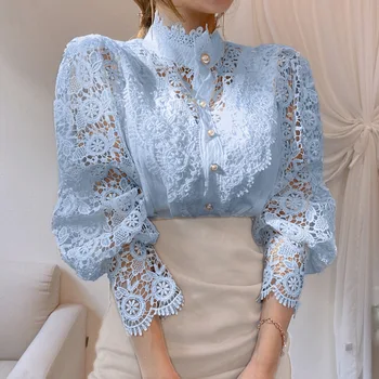 2025 Moda Pure Color Lace Bordado Top Manga Longa para As Mulheres Primavera Outono Confortável Chiffon Floral Oversize Blusas