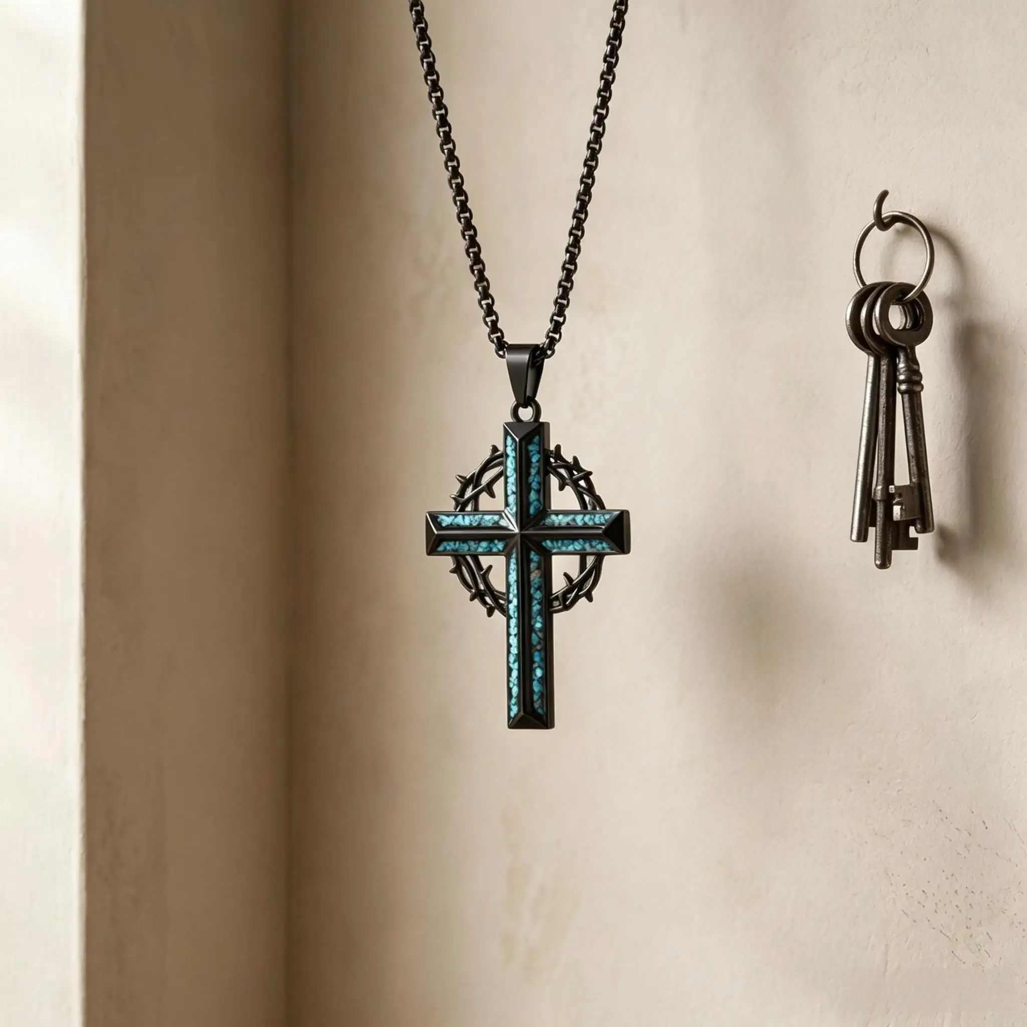 Black Stainless Steel Crown of Thorns Cross Necklace for Men Turquoise Chips Inlaid Cross Pendant Religious Christian Faith Neck