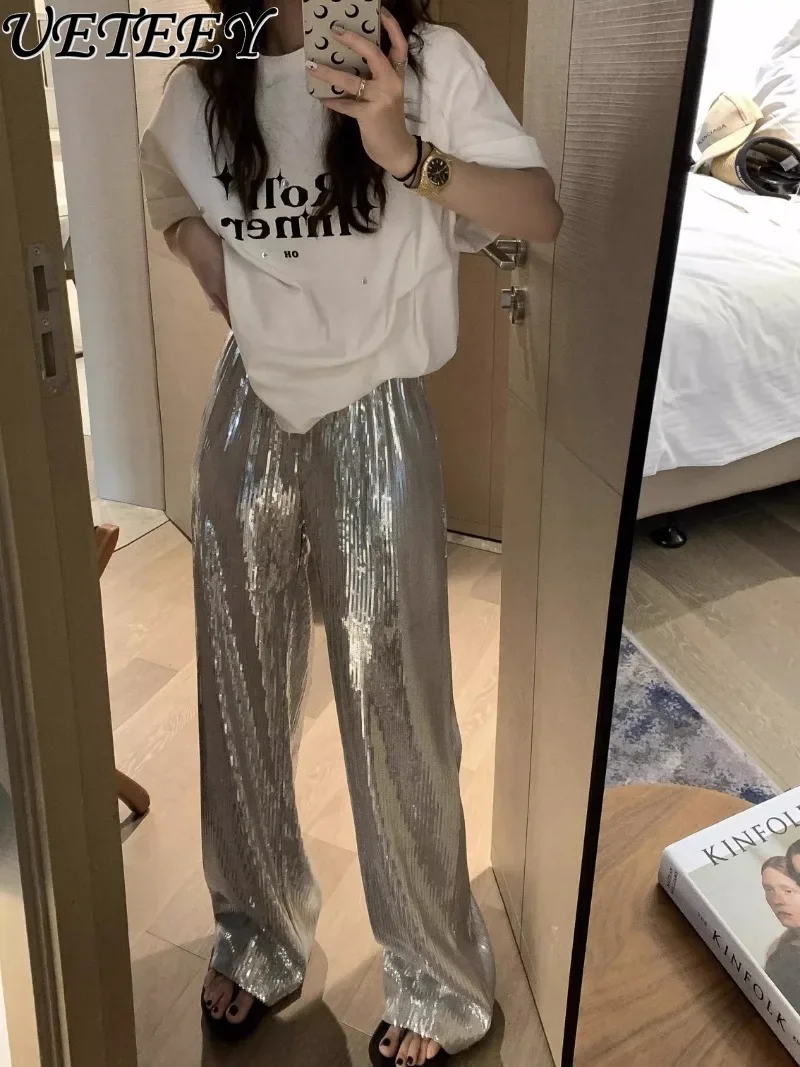 

Shiny Silver Paillette Pants Women's Wide-Leg Trousers Spring and Summer High Waist Drooping Loose Straight Mopping Pant