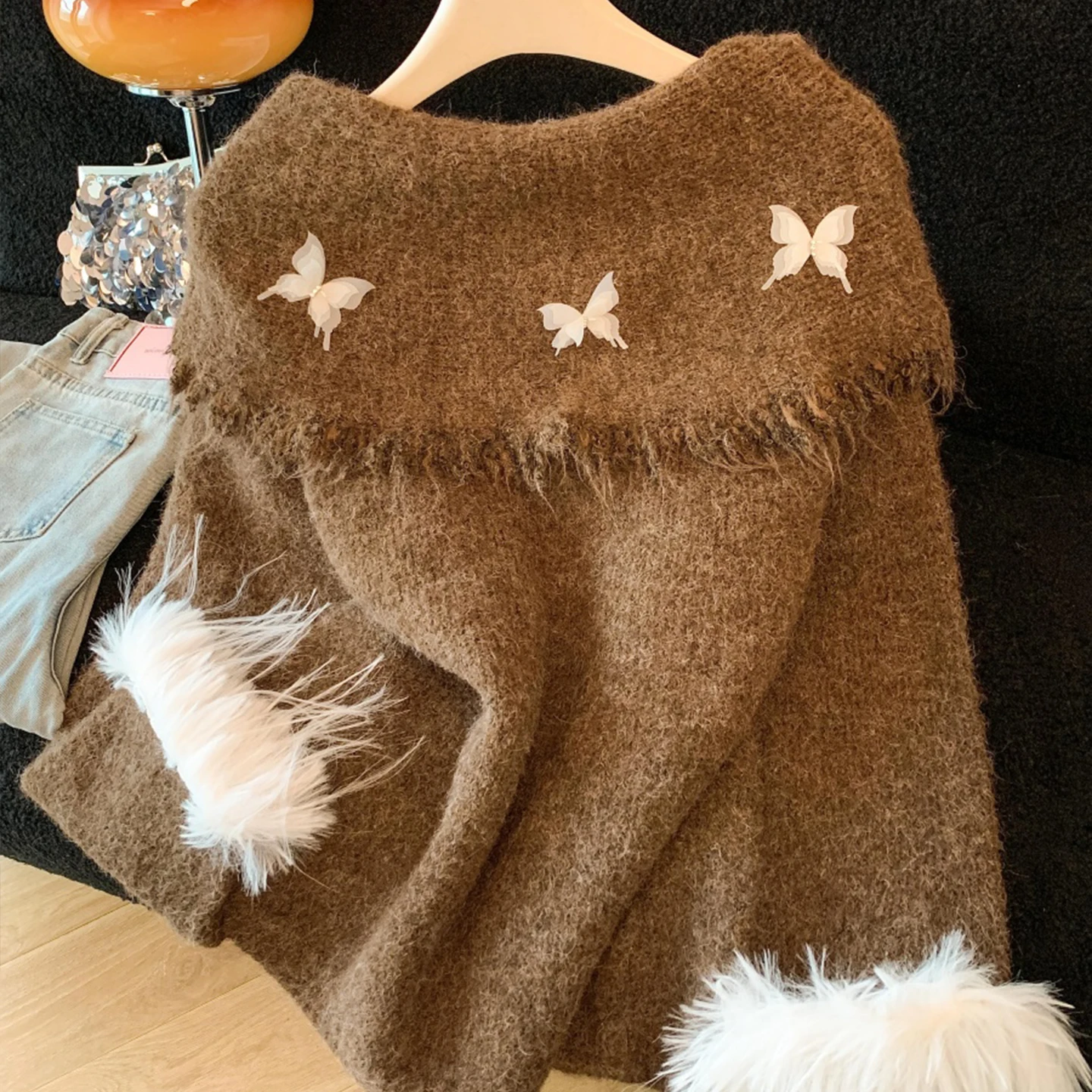 سترة نسائية بلون واحد بكتف واحد بلوفر على شكل فراشة بأكمام طويلة لخريف وشتاء 2025 على الطراز الكوري بلوزة فضفاضة #2