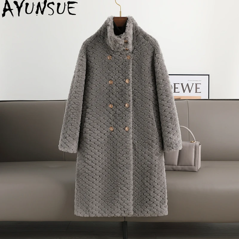 เสื้อโค้ทขนสัตว์แท้ 100% ยี่ห้อ AYUNSUE สำหรับผู้หญิง ความยาวปานกลาง แฟชั่นแจ็คเก็ต เสื้อผ้าผู้หญิง ใหม่ล่าสุดในชุดคลุมทับสำหรับฤดูหนาว 2025 เสื้อโค้ทขนสัตว์