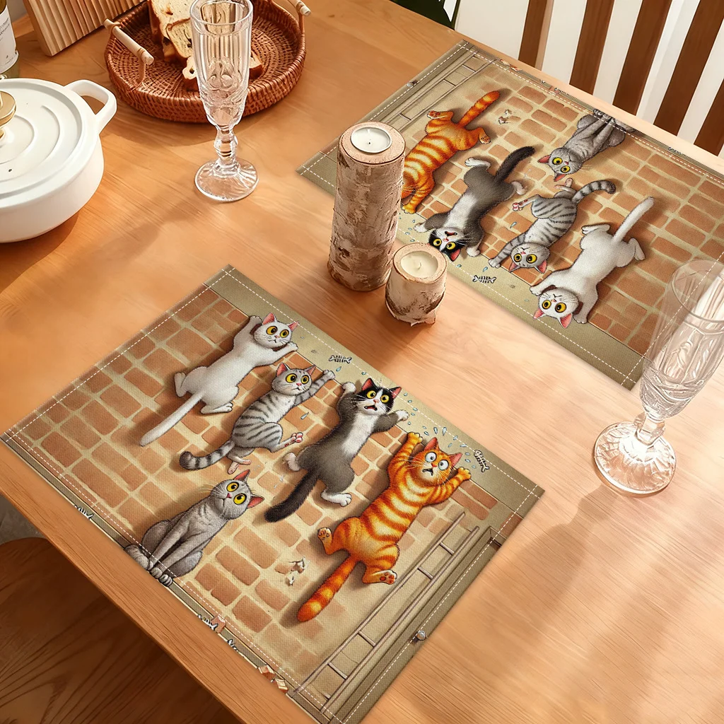 

Cute Cats Climbing Wall Place Mats Funny Animal Print Linen Table Mats For Kids Kitchen