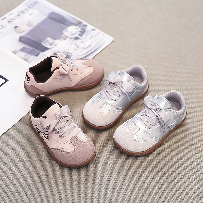 Spring Autumn Kids Bowknot Embroidered Skate Shoes Children Soft Sole Sneakers Girls Retro Training Sports Shoes Everyday Casual