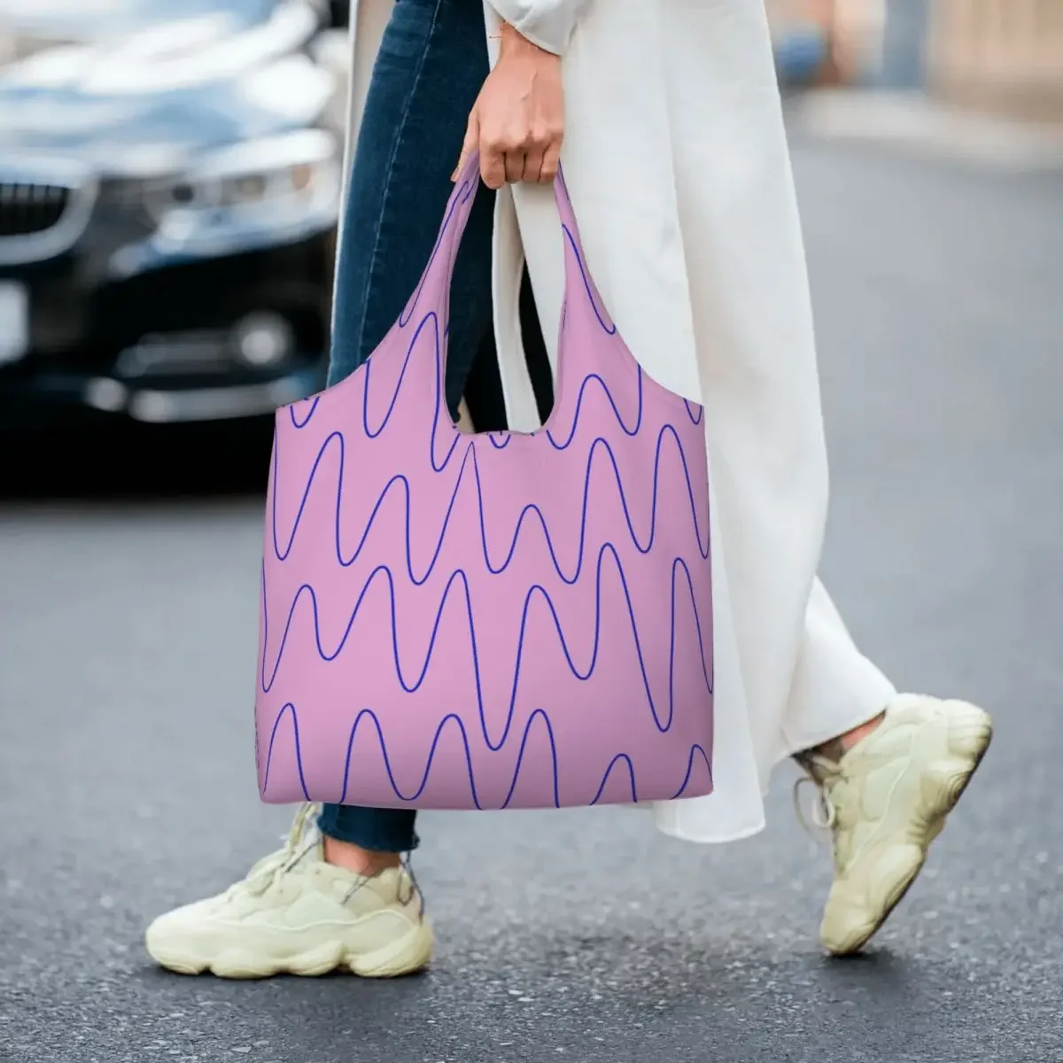 Custom Sound Waves Pink Flamingo Shopping Tote Bag Street Mmural Art Eldridge Groceries Canvas Shopper Shoulder Bags Handbags